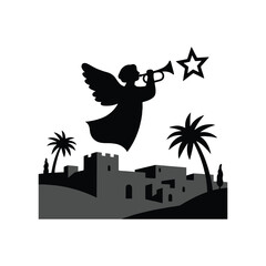 Angel Blowing Trumpet Over Bethlehem – Silhouette Vector with Star and Palm Trees in Black and White