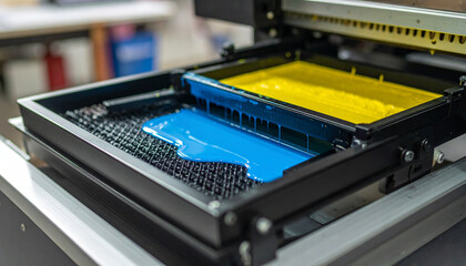 Fototapeta premium UV Inkjet Printer Ink Supply: Close-up view of vibrant blue and yellow inks flowing into the ink supply tray of a UV inkjet printer. The image showcases the intricate details of the printing process.