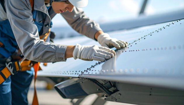 Aircraft Inspection: A skilled aircraft maintenance technician meticulously inspects the wing of an aircraft, showcasing the dedication to precision and safety in aviation.