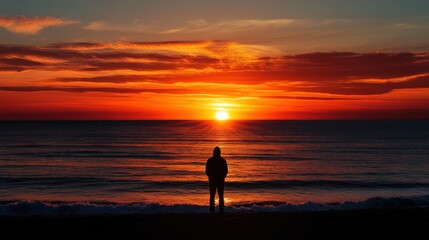 Obraz premium A solitary figure watches the ocean at sunsets orange embrace