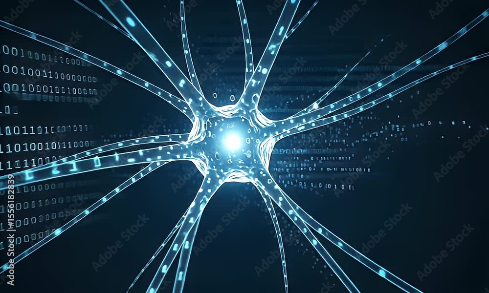 Poster abstract illustration of a glowing blue neuron with digital data flowing in the background