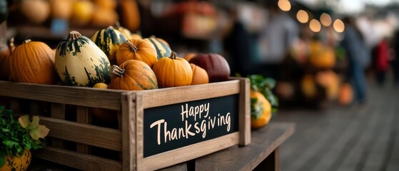 Colorful Autumn Pumpkins at Outdoor Market with Happy Thanksgiving Sign for Seasonal Celebration