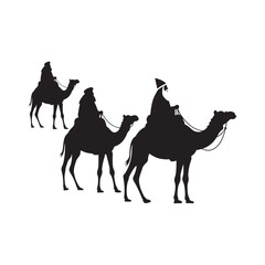 Three Wise Men on Camels Following Star – Silhouette Vector in Black and White Minimal Style

