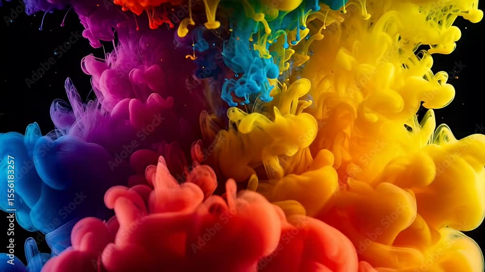 Poster abstract ink explosion featuring a spectrum of colors with flowing liquid and black background