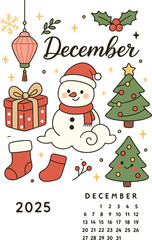 Festive December 2025 Calendar with Snowman, Gifts, and Christmas Tree