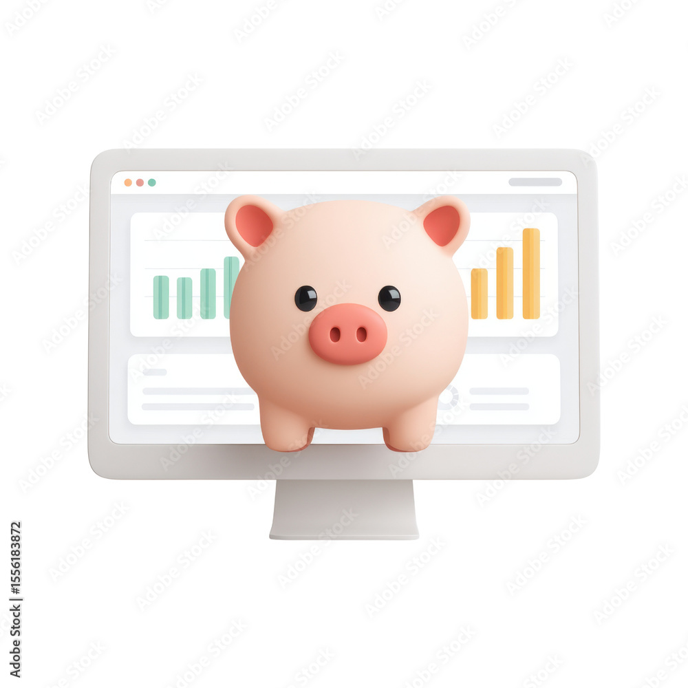 Aufkleber cute piggy bank and computer screen with financial charts for saving and budgeting concepts transpar