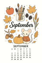 September 2025 Calendar with Autumn Mouse, Leaves, and Pumpkins