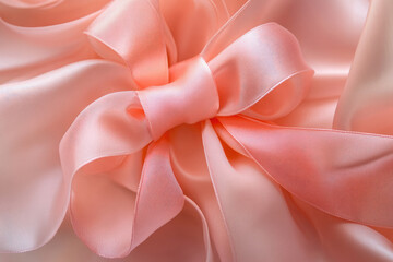 A delicate pink satin ribbon tied into a bow rests on a soft pink patterned background