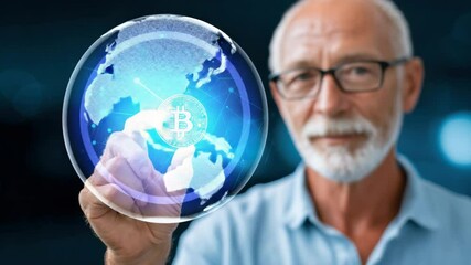 Elderly man touching virtual globe with bitcoin symbol and digital network background, futuristic financial technology concept, cryptocurrency investment, modern digital network, technology - Powered by Adobe