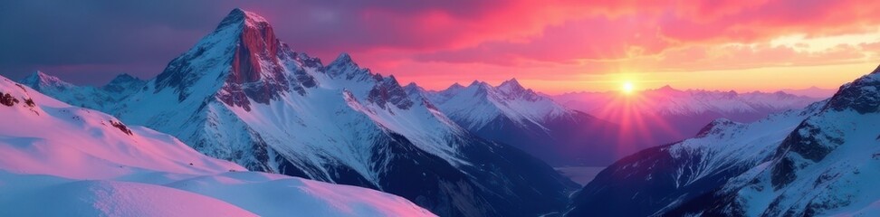 Crimson dawn illuminates a pristine, snowy mountain range , panorama, blue