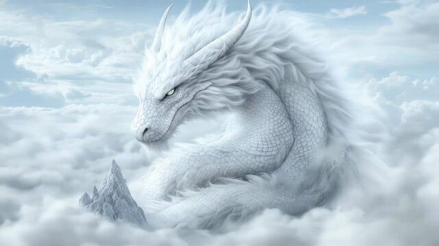 Fantasy white dragon lying peacefully in cloudy heaven  
