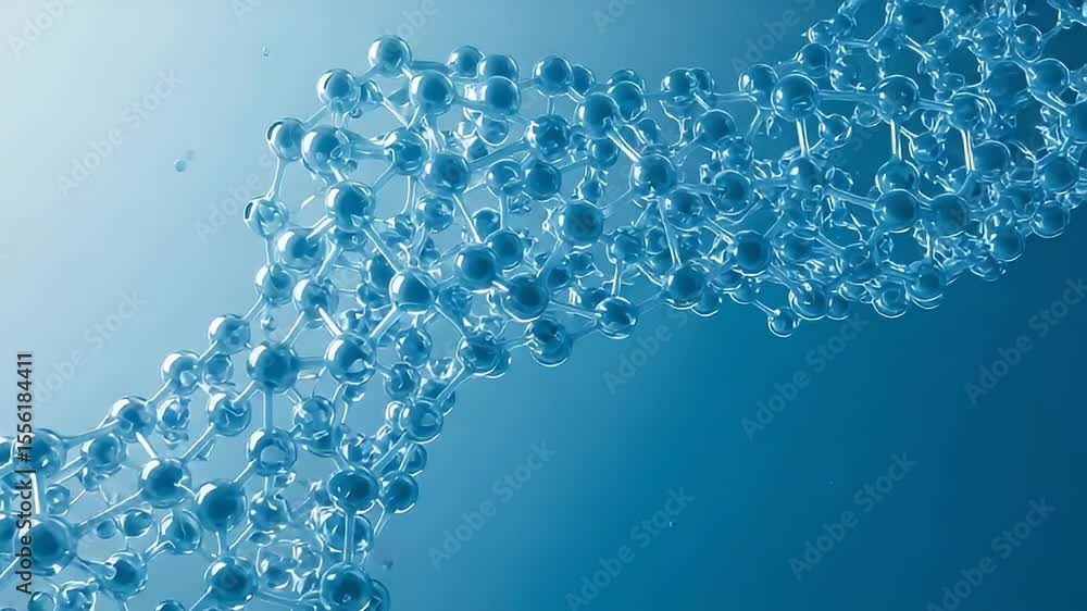 Poster abstract molecular structure visualization in shades of blue showing connected spheres in a futurist