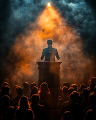 confident speaker at podium addressing captivated audience public speaking introduction concept cinematic editorial photography spotlight ambient glow wide angle lens