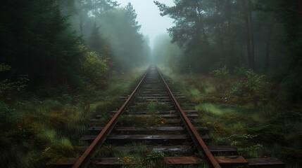 Journey's End: Railway tracks stretch through a mysterious, fog-shrouded forest, creating a sense of anticipation and the unknown, inviting the viewer to ponder the destination and the path.