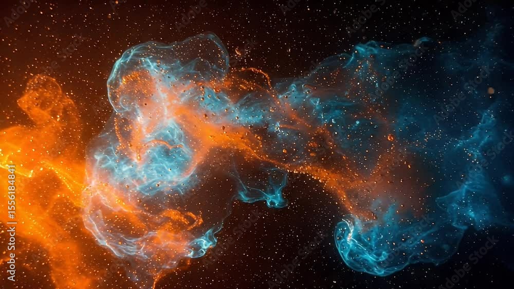 Poster abstract nebula formation in space with orange and teal colors with bright particle effect