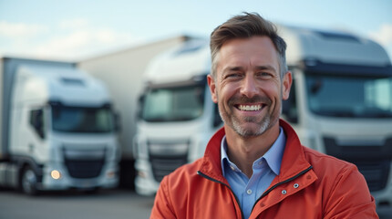 portrait of a smiling logistics employee in front of cargo trucks, modern warehouse background, clear sky, corporate photo shoot style