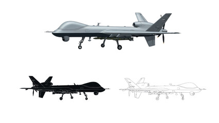 MQ-9 Reaper Drone 3 Styles: Realistic, Silhouette & Line Art Illustration for Military or Aviation Use

