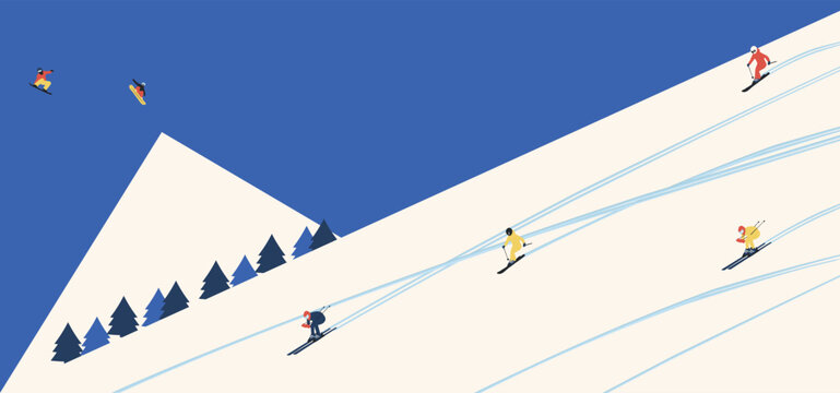 Minimalist winter sports scene with skiers and snowboarders going downhill on snowy mountain slope. Clean layout for banner or winter holiday promo. Perfect for seasonal design, winter vacation