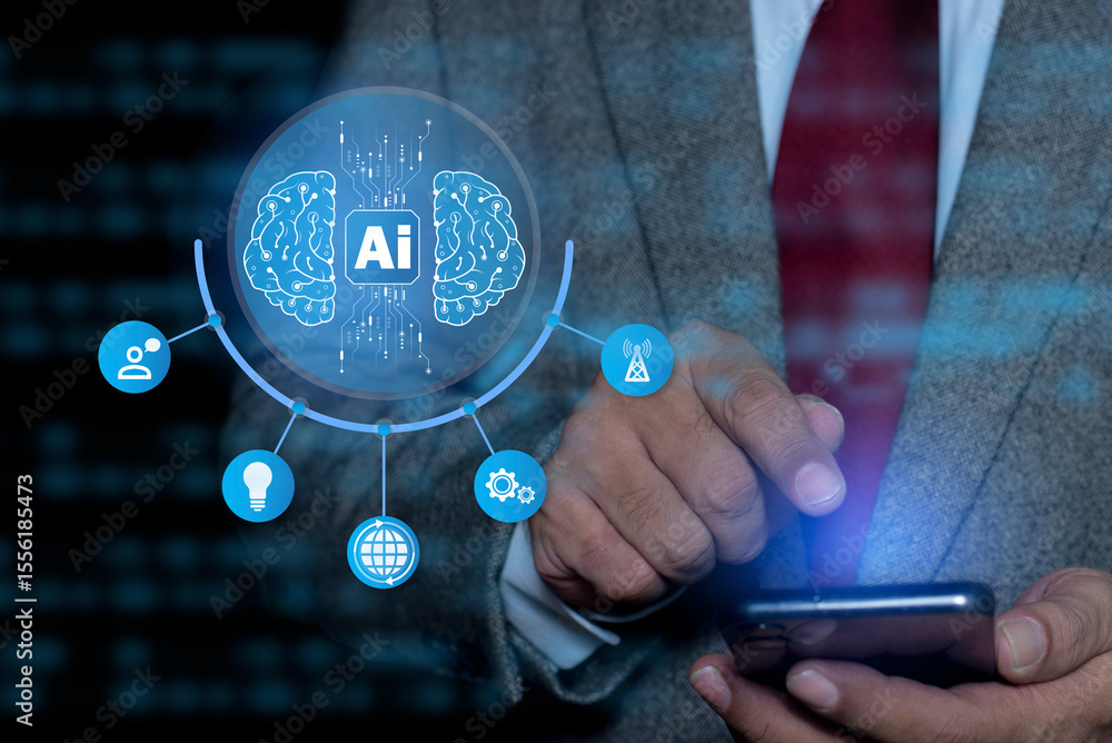 Poster concept of technology artificial intelligence with human user.