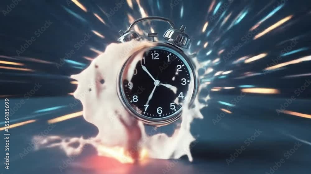 Poster surreal digital clock melts into a shining data stream. symbolizing fast modern life, rapid accelera