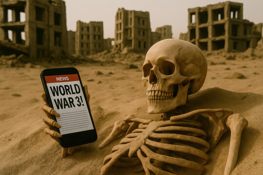 Skeleton Holding Smartphone Showing World War 3 News &ndash; Apocalyptic Desert Scene