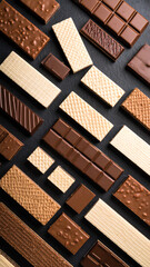 An assortment of chocolate bars and wafers arranged artfully on a dark background, showcasing tempting textures.
