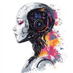 ai robot imagining creativity concept artificial intelligence vs human intelligence comparison illustration imagination and logic contrast digital art