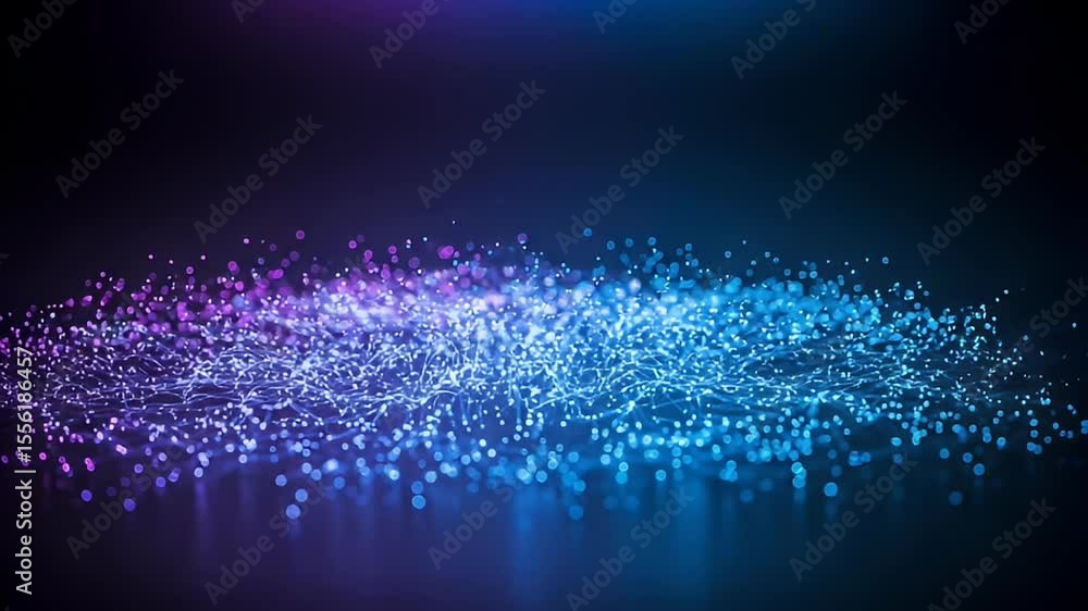 Poster abstract particle animation of glowing blue and purple glitter against a dark background with reflec