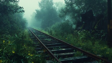 Misty Railroad Tracks: An overgrown railway track winds into the misty distance, the air thick with mystery and the allure of forgotten journeys.