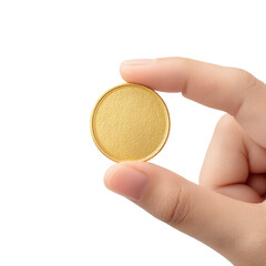Person Holding a Golden Coin with a Neutral Background Showcasing Wealth and Prosperity Concepts Transparent background or png