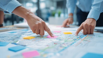 Fototapeta premium Hands Pointing at Colorful Post - its on Blueprints for Urban Planning in Office Environment