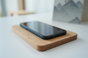 Smartphone on Bamboo Wireless Charging Pad dark colored smartphone