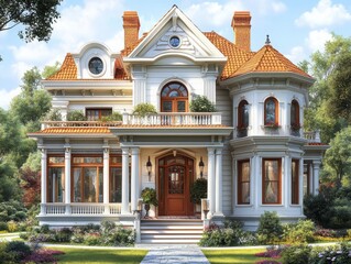 Grand Victorian Estate: Exquisite Architecture, Lush Landscaping, and Timeless Elegance in a Beautiful Residential Setting on a Sunny Day.