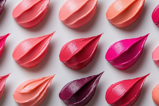 Atop a white surface, a grid of lipstick swatches in varying shades of pink, peach, and red.  Each swatch has a teardrop shape