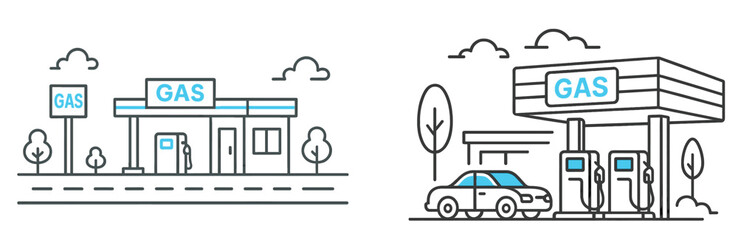 Gas stations in a city setting with vehicles parked during daylight hours