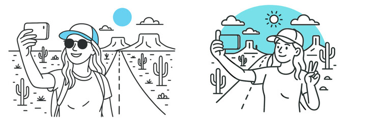 Selfies taken by young women in a desert landscape under a vibrant sky with distinctive mesas and cacti during daytime