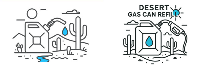 Gas canister filling in a desert landscape with cacti and sun creating a serene atmosphere for adventure seekers