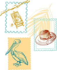 La Dolce Vita. Modern abstract composition of isolated line illustrations on the theme of summer, sea, vacation, travel on a transparent base in a cute, bright style for posters, design