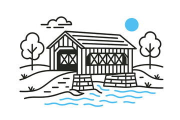 Charming covered bridge over a tranquil stream surrounded by trees in a serene landscape during bright daytime