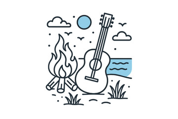 Campfire gathering with acoustic guitar under a clear sky beside a serene lake during sunset