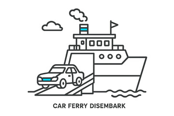Car ferry disembarkation process showing vehicle exiting at the harbor during a sunny day