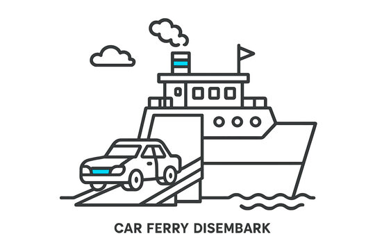 Car ferry disembarkation process showing vehicle exiting at the harbor during a sunny day