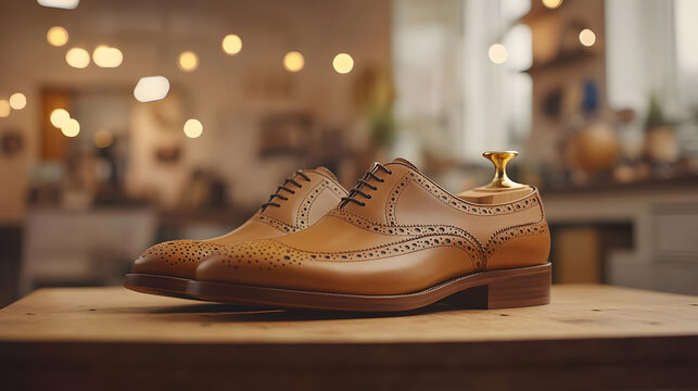 Elegant tan leather brogue shoes on wooden surface in cozy room setting