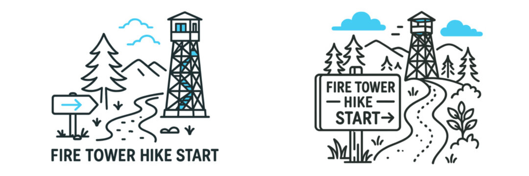 Fire tower hike start with scenic mountains and trees under a clear blue sky