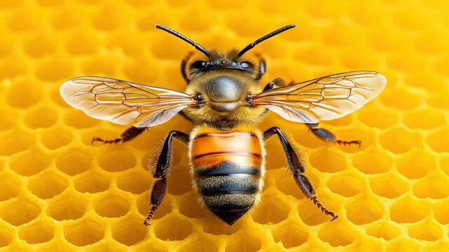 Macro honeybee resting on yellow honeycomb cells  
