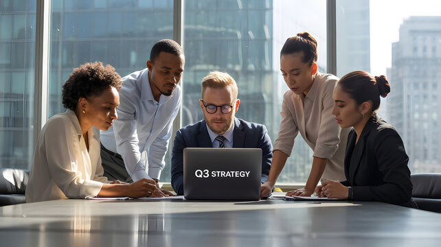 Business Team Collaboration: A diverse team of business professionals collaborates around a laptop, reviewing data and strategizing. Sunlight streams through the large windows behind them. - Powered by Adobe