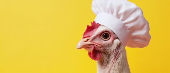 Chicken Wearing Chef Hat Against Bright Yellow Background in Fun Culinary Concept