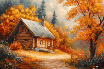 Cozy wooden cabin nestled amongst vibrant trees during a beautiful autumn season painting