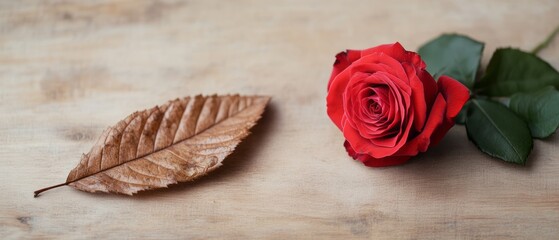 Elegant Red Rose and Dry Leaf Arranged on Natural Wooden Surface for Artistic Display