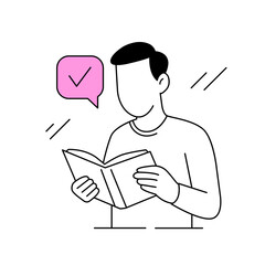 Learning and knowledge concept. Man reading book with check mark symbol.
